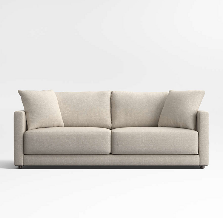 Gath Sofa 89-inch gray modern sofa with plush cushions in a small living room