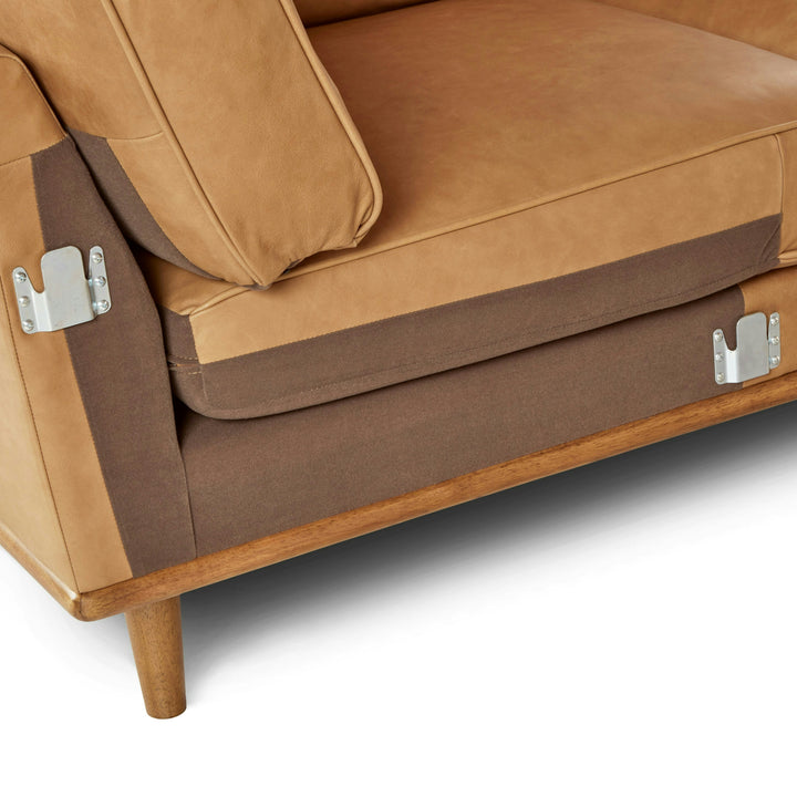 Aldermen Leather Corner Sectional in evolving patina with oak frame in modern loft