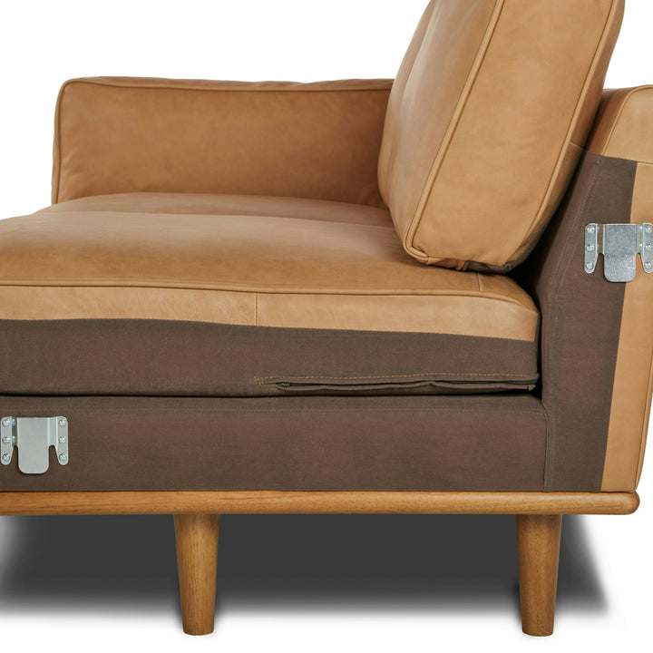 Aldermen Leather Corner Sectional in evolving patina with oak frame in modern loft