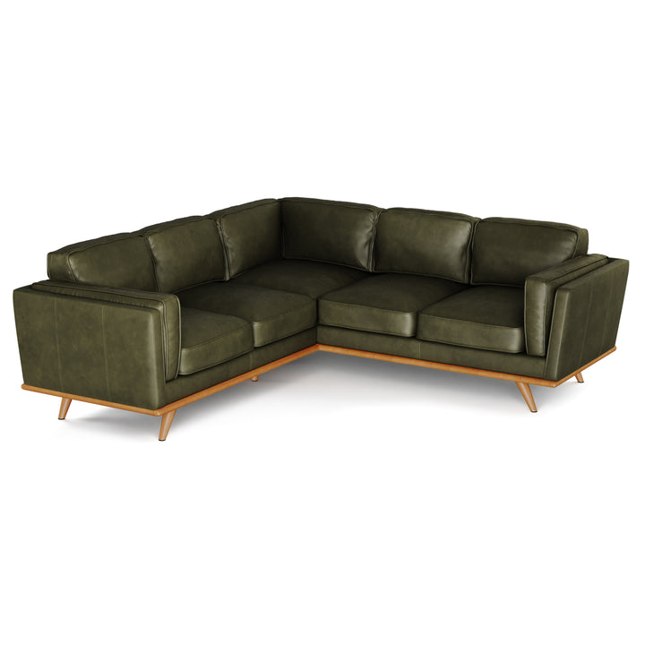 Aldermen Leather Corner Sectional in evolving patina with oak frame in modern loft