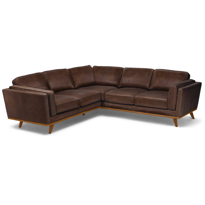 Aldermen Leather Corner Sectional in evolving patina with oak frame in modern loft