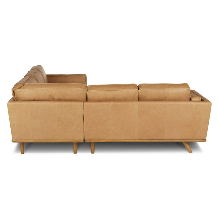 Aldermen Leather Corner Sectional in evolving patina with oak frame in modern loft
