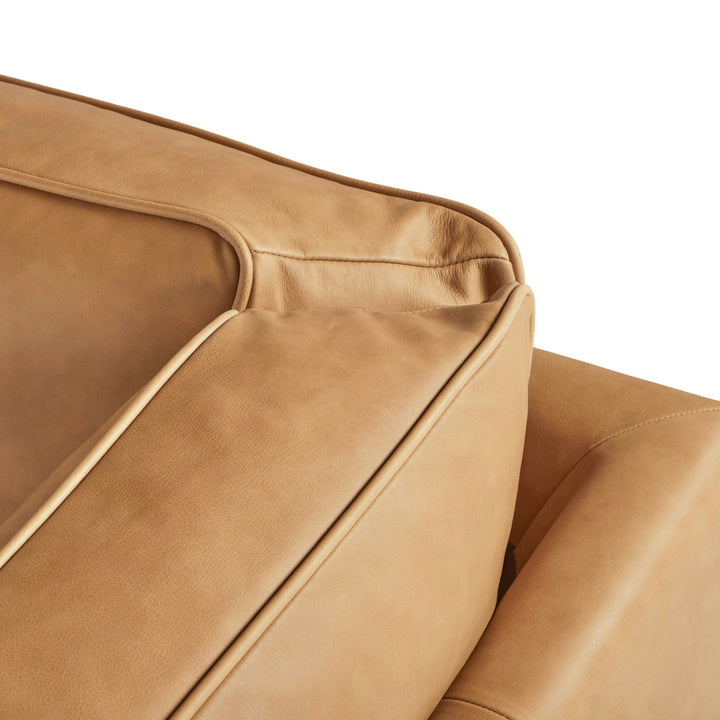 Aldermen Leather Corner Sectional in evolving patina with oak frame in modern loft