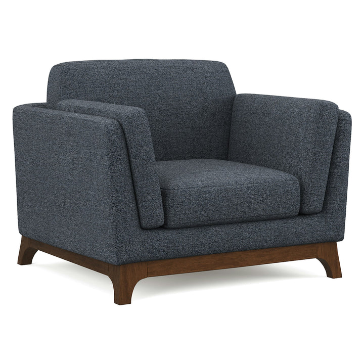 Astra Blue Lounge Chair in neutral fabric with modular sofa in modern minimalist living room
