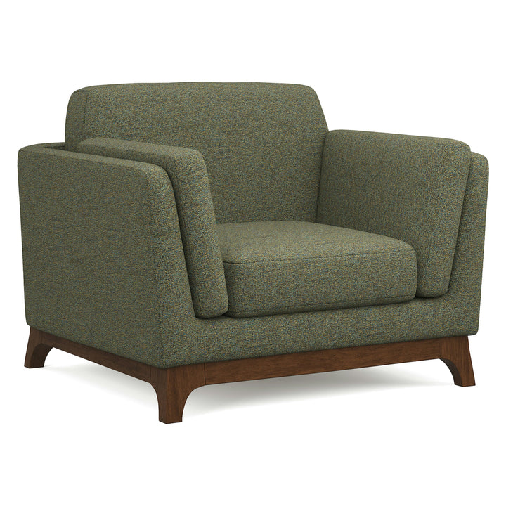 Astra Green Lounge Chair in neutral fabric with modular sofa in modern minimalist living room