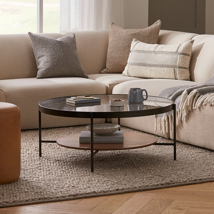 BRU Glass Coffee Table with smoked tempered glass top and walnut veneer shelf in a retro-modern living room