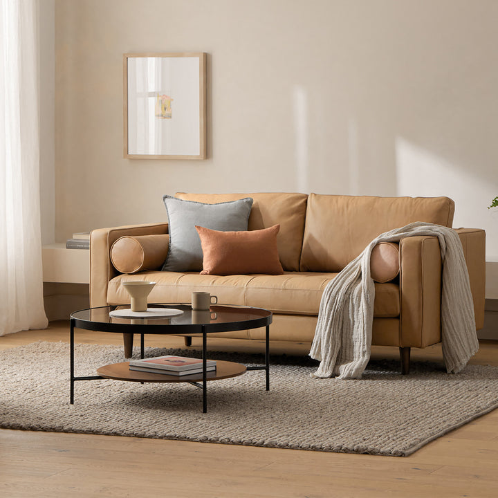 BRU Glass Coffee Table with smoked tempered glass top and walnut veneer shelf in a retro-modern living room