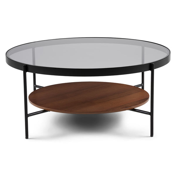 BRU Glass Coffee Table with smoked tempered glass top and walnut veneer shelf in a retro-modern living room