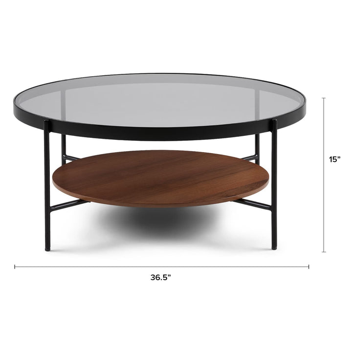 BRU Glass Coffee Table with smoked tempered glass top and walnut veneer shelf in a retro-modern living room