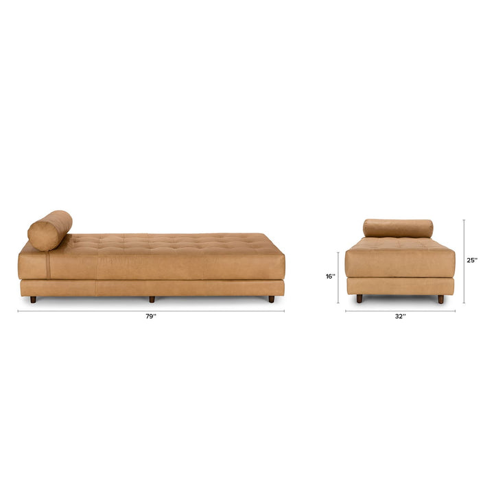 Caelum Leather Chaise Lounge in a sunlit mid-century modern living room with vintage rug