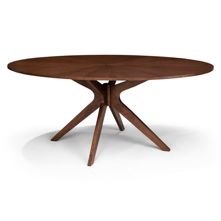 Cyrene Oval Dining Table with starburst walnut veneer in a mid-century modern dining room