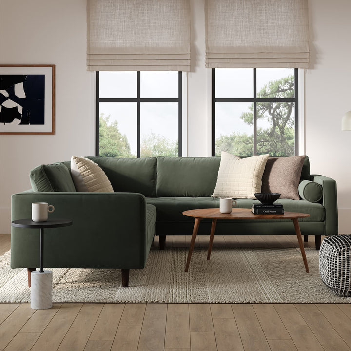 HALO Marble Side Table with brass top and veined marble base in modern living room