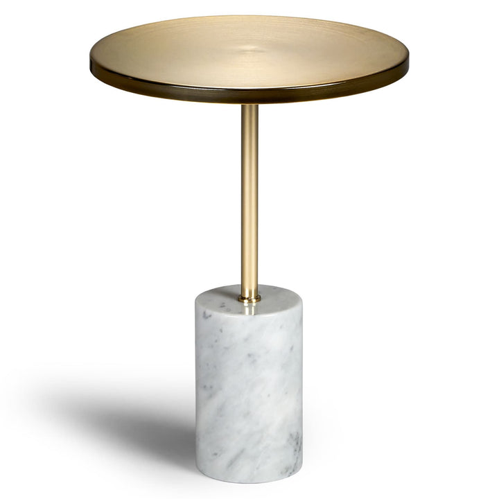 HALO Marble Side Table with brass top and veined marble base in modern living room