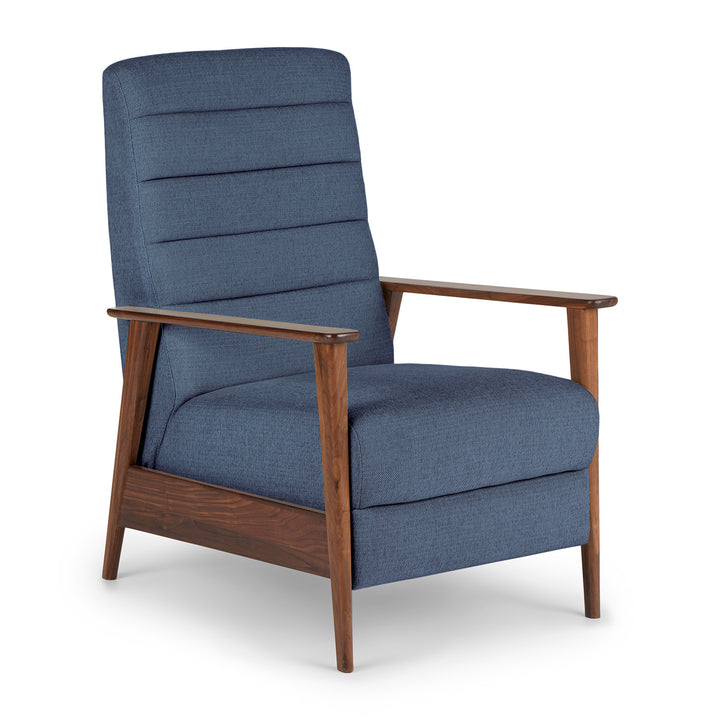 Iris Blue Reclining Lounge Chair in gray fabric at 160° recline in mid-century living room