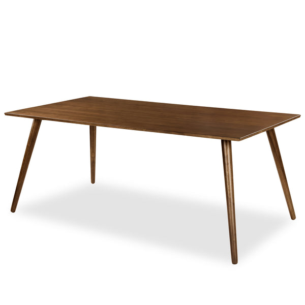 Iris Dining Table in a mid-century modern dining room with solid wood legs and natural wood grain