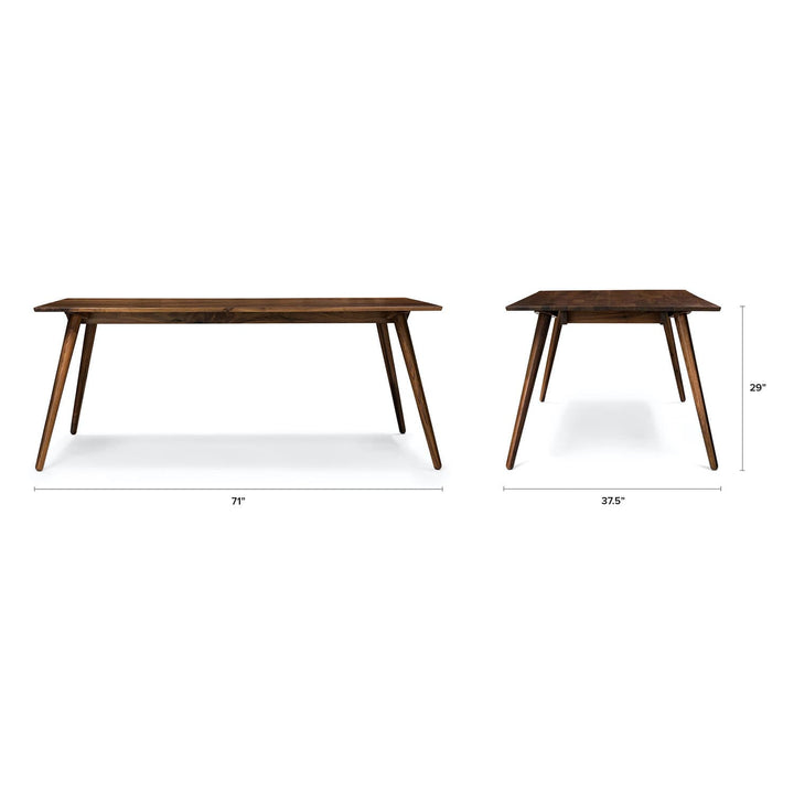 Iris Dining Table in a mid-century modern dining room with solid wood legs and natural wood grain