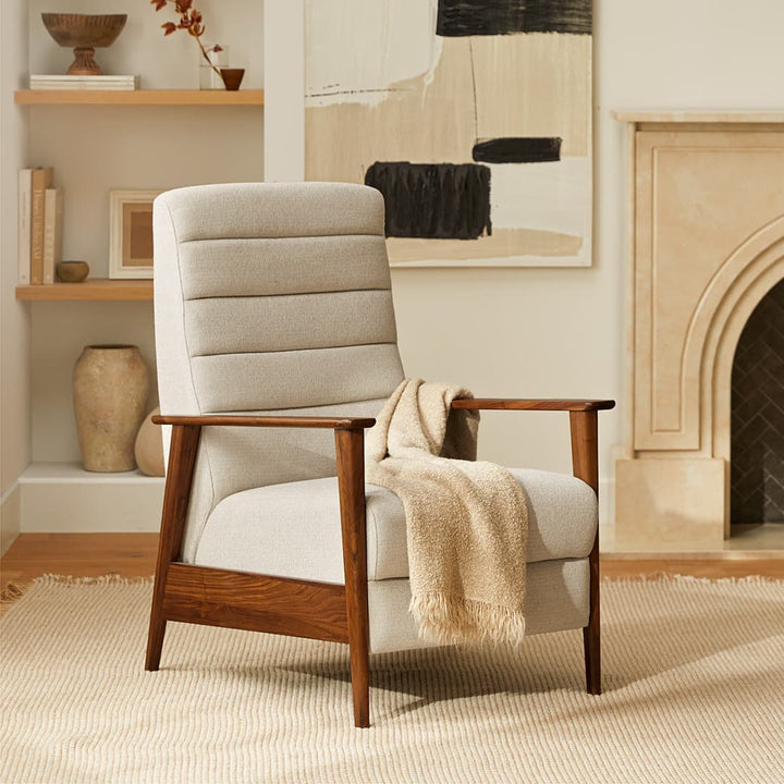 Iris Gray Reclining Lounge Chair in gray fabric at 160° recline in mid-century living room