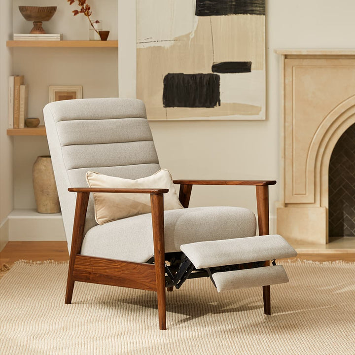 Iris Gray Reclining Lounge Chair in gray fabric at 160° recline in mid-century living room