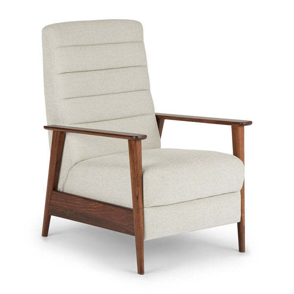 Iris Gray Reclining Lounge Chair in gray fabric at 160° recline in mid-century living room