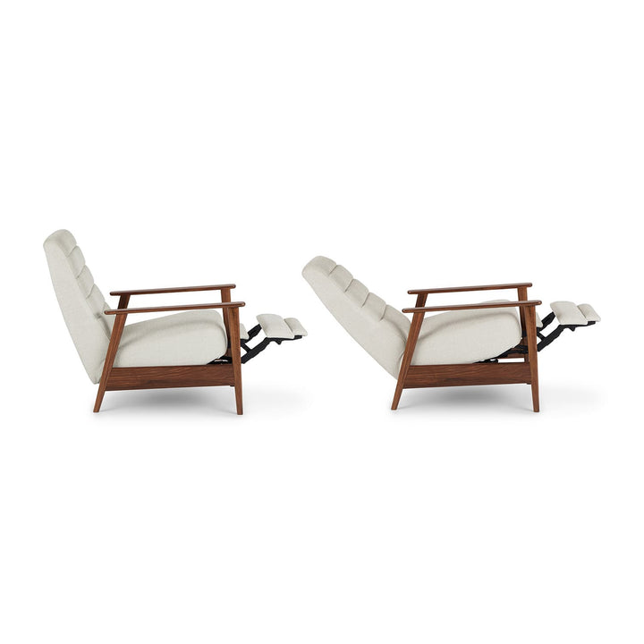 Iris Gray Reclining Lounge Chair in gray fabric at 160° recline in mid-century living room