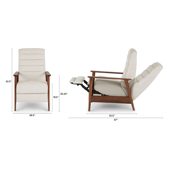 Iris Gray Reclining Lounge Chair in gray fabric at 160° recline in mid-century living room