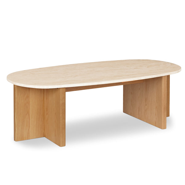 KIVI Coffee Table with veined travertine top and oak base in modern living room