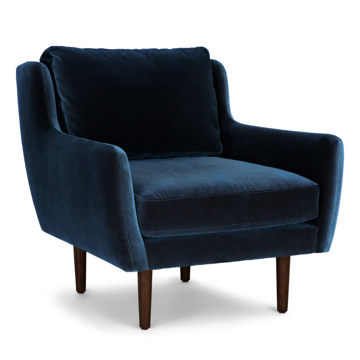 Kaleido Blue Velvet Lounge Chair in cascadia blue with walnut legs in modern living room