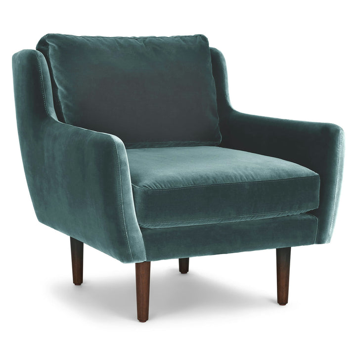 Kaleido Green Velvet Lounge Chair in cascadia blue with walnut legs in modern living room