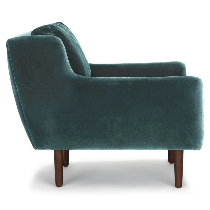 Kaleido Green Velvet Lounge Chair in cascadia blue with walnut legs in modern living room