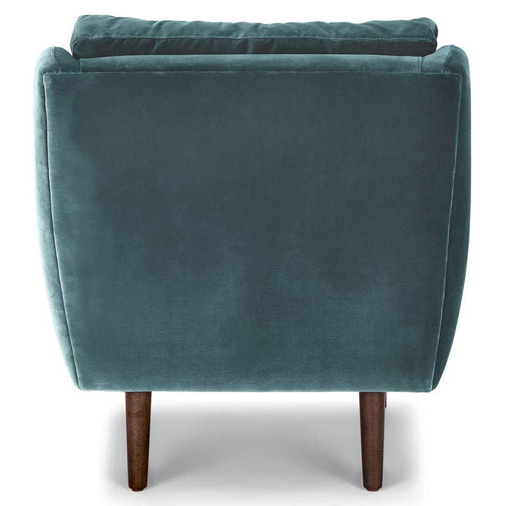 Kaleido Green Velvet Lounge Chair in cascadia blue with walnut legs in modern living room