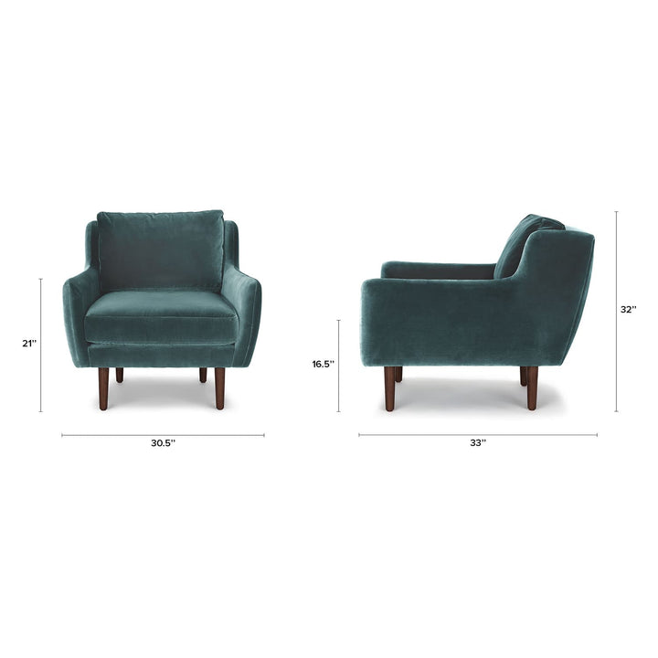 Kaleido Green Velvet Lounge Chair in cascadia blue with walnut legs in modern living room