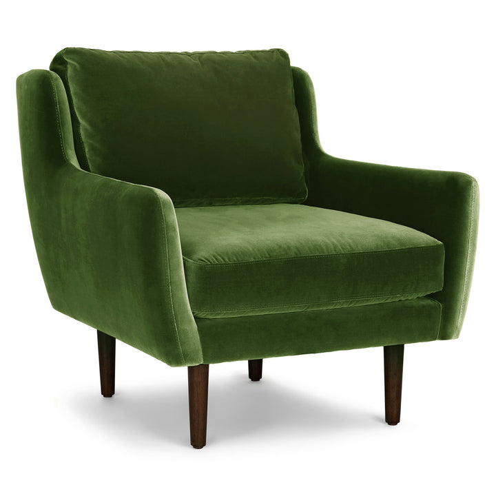 Kaleido Green Velvet Lounge Chair in cascadia blue with walnut legs in modern living room