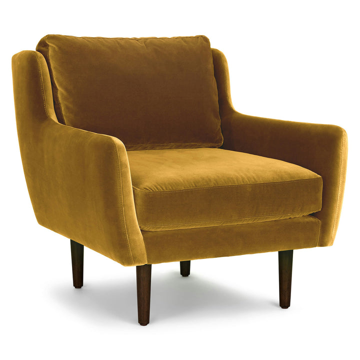Kaleido Yellow Velvet Lounge Chair in cascadia blue with walnut legs in modern living room