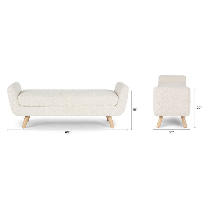 Kebne Bench with bouclé upholstery and ash wood legs in a retro-modern living room