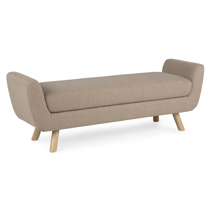 Kebne Bench with bouclé upholstery and ash wood legs in a retro-modern living room