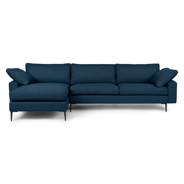 Langford Reversible blue sectional in left/right configurations with brushed aluminum legs