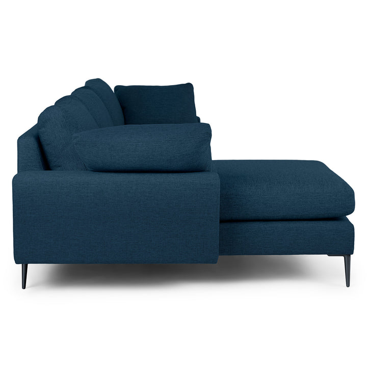 Langford Reversible blue sectional in left/right configurations with brushed aluminum legs