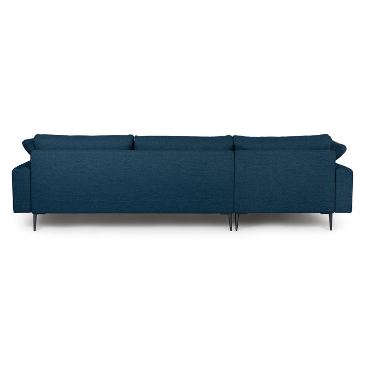 Langford Reversible blue sectional in left/right configurations with brushed aluminum legs