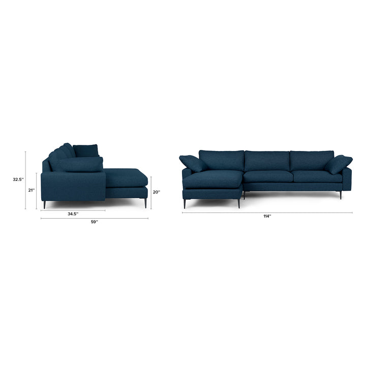 Langford Reversible blue sectional in left/right configurations with brushed aluminum legs