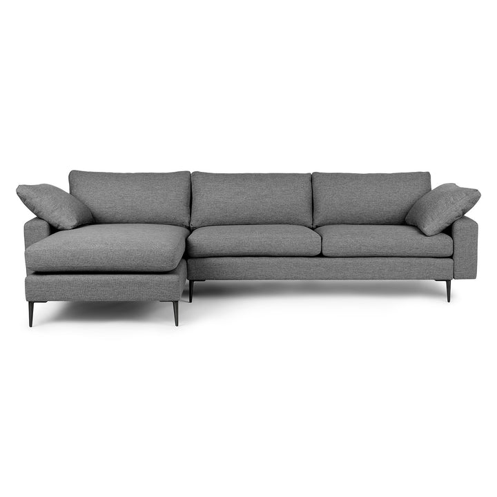 Langford Reversible grey sectional in left/right configurations with brushed aluminum legs