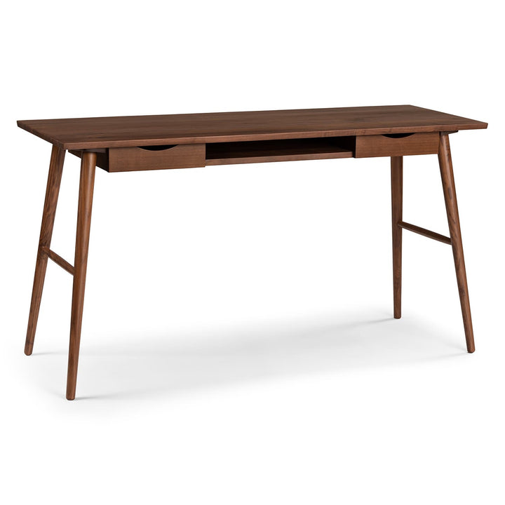 Lira Desk in a modern home office with oak finish, drawers, and keyboard shelf