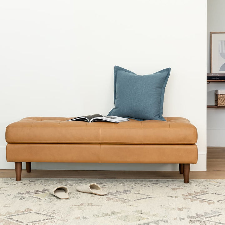 Lofoten Tufted Leather Bench in a modern entryway with tufted leather seat and wood frame