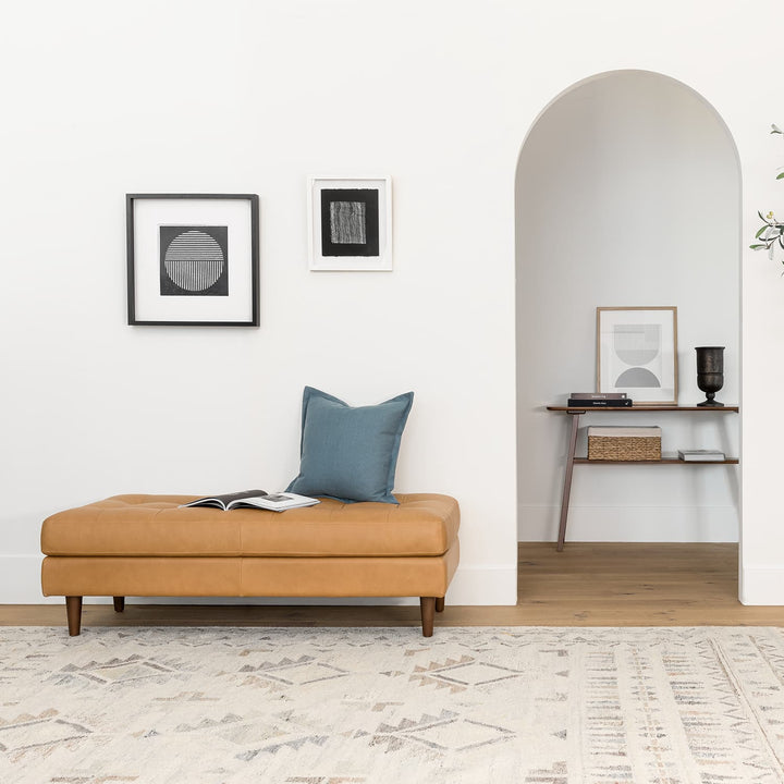 Lofoten Tufted Leather Bench in a modern entryway with tufted leather seat and wood frame