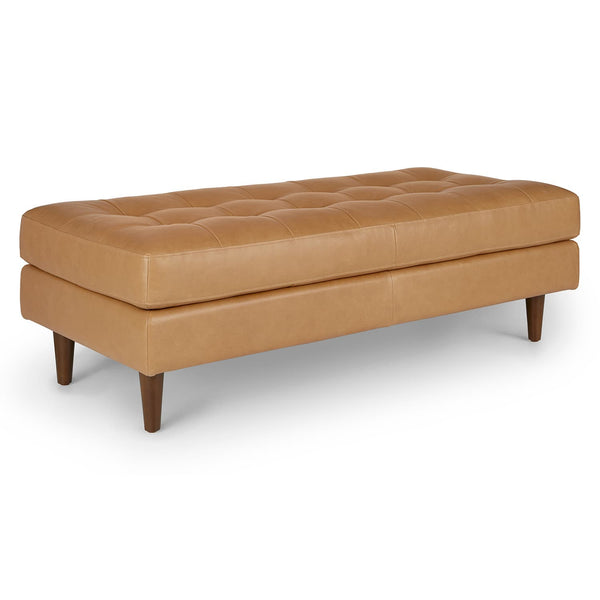 Lofoten Tufted Leather Bench in a modern entryway with tufted leather seat and wood frame