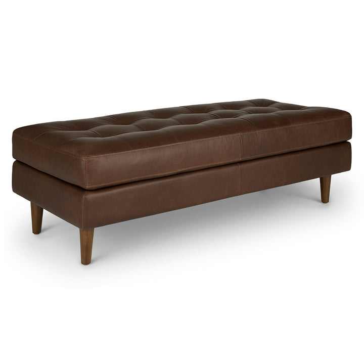 Lofoten Tufted Leather Bench in a modern entryway with tufted leather seat and wood frame