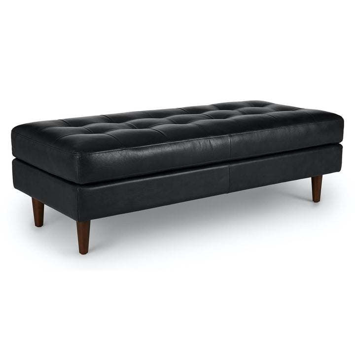 Lofoten Tufted Leather Bench in a modern entryway with tufted leather seat and wood frame