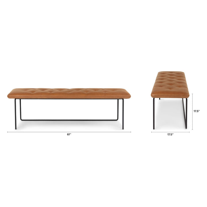 Lyngen Leather Bench with tufted Bella leather and curved steel legs in a modern dining area