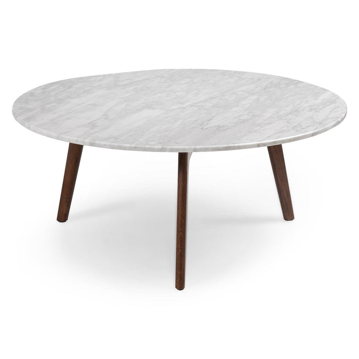 MORA Marble Coffee Table in walnut finish beside sofa with dog bed nearby