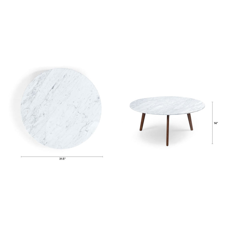MORA Marble Coffee Table in walnut finish beside sofa with dog bed nearby