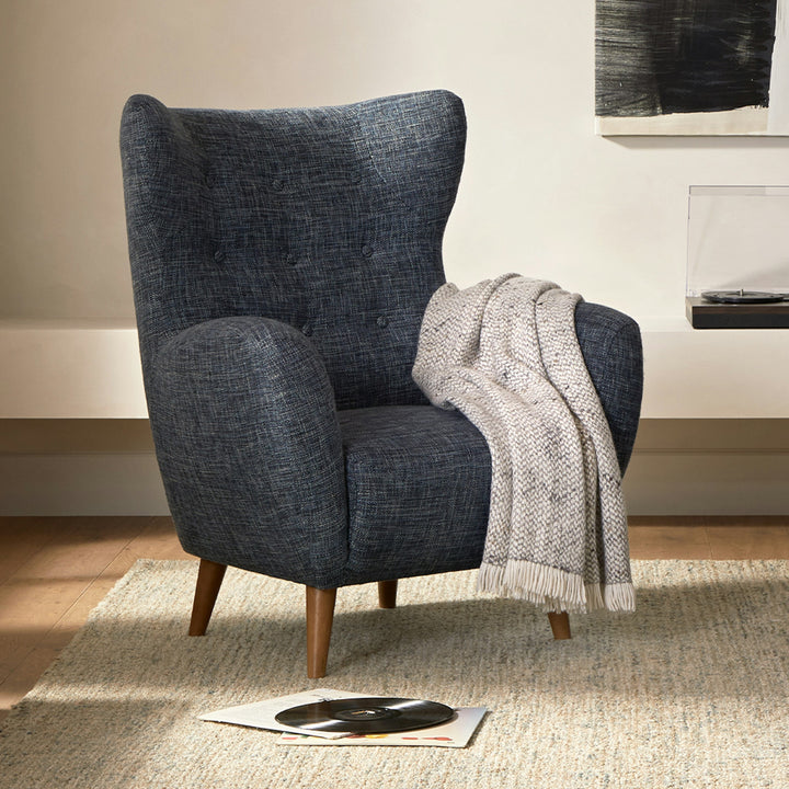 Marisola spearmint aqua lounge chair with walnut legs in mid-century living room